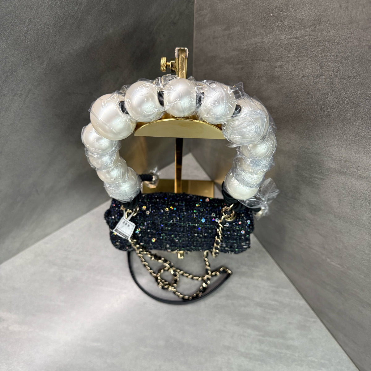 Chanel Pearl Chain Bag Black Sequins Woven Classic Double C Logo