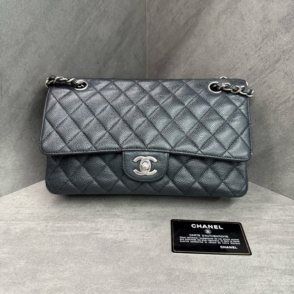 Chanel Classic Flap Caviar Leather Black Silver Hardware Chain Bag with Authenticity Card