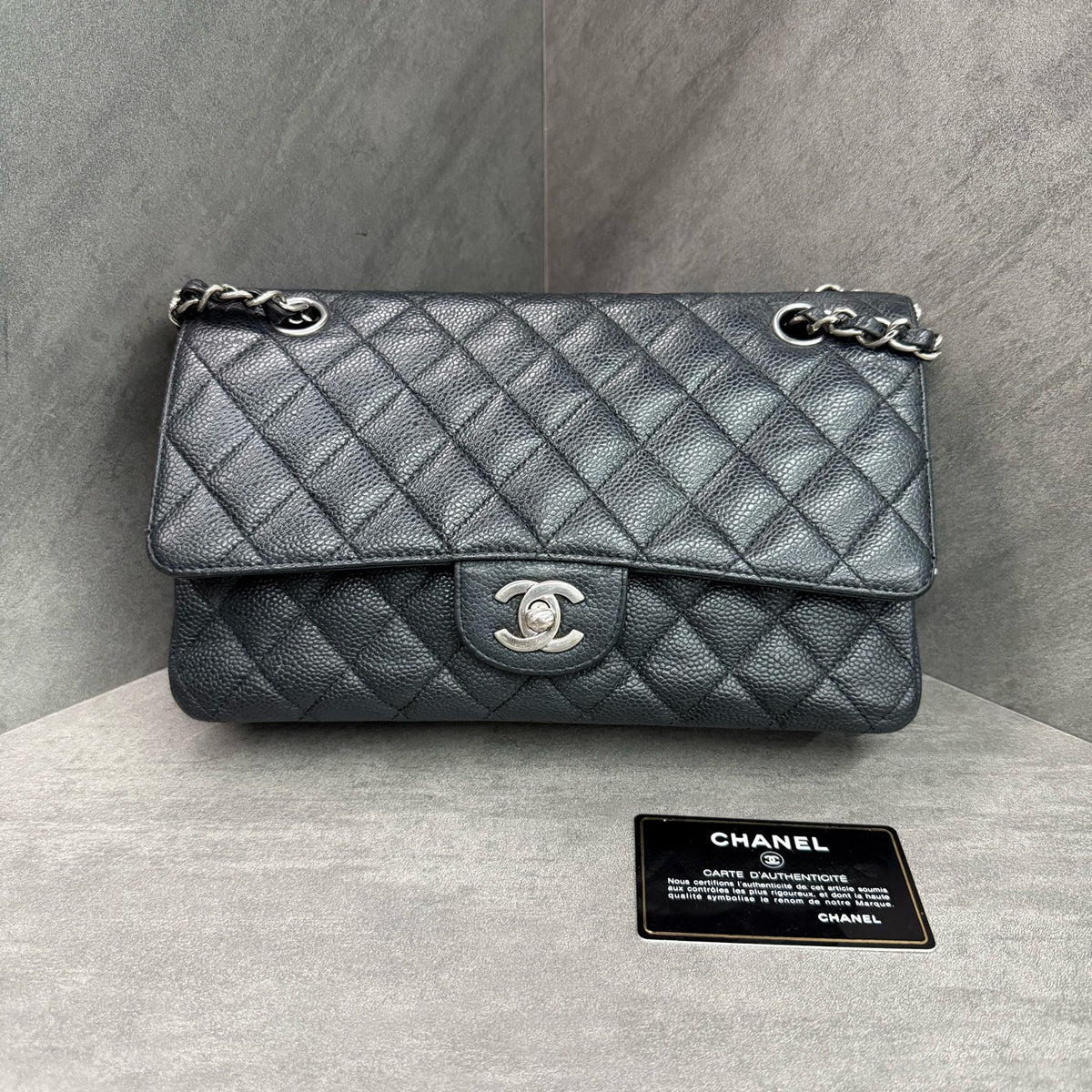 Chanel Classic Flap Caviar Leather Black Silver Hardware Chain Bag with Authenticity Card