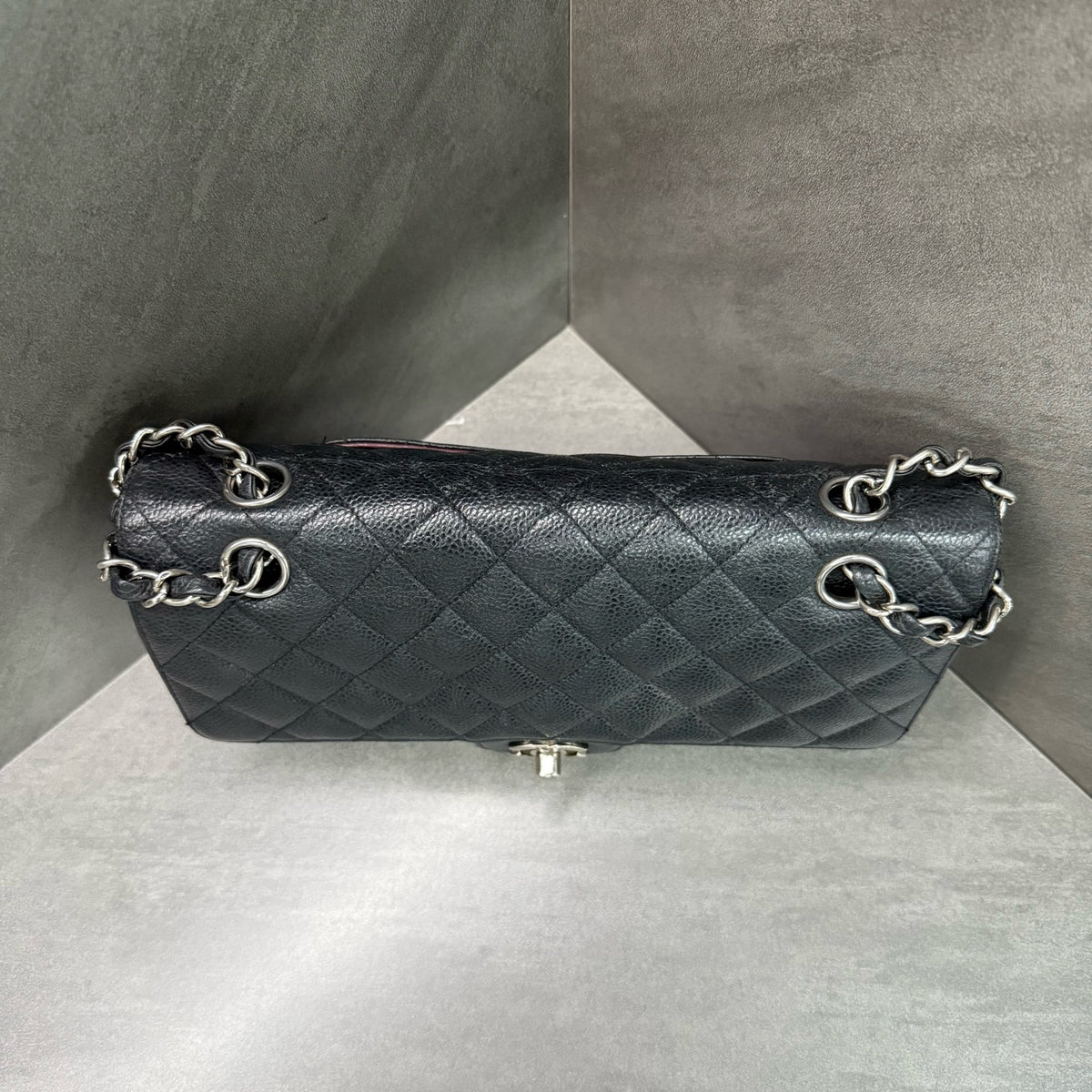 Chanel Classic Flap Caviar Leather Black Silver Hardware Chain Bag with Authenticity Card