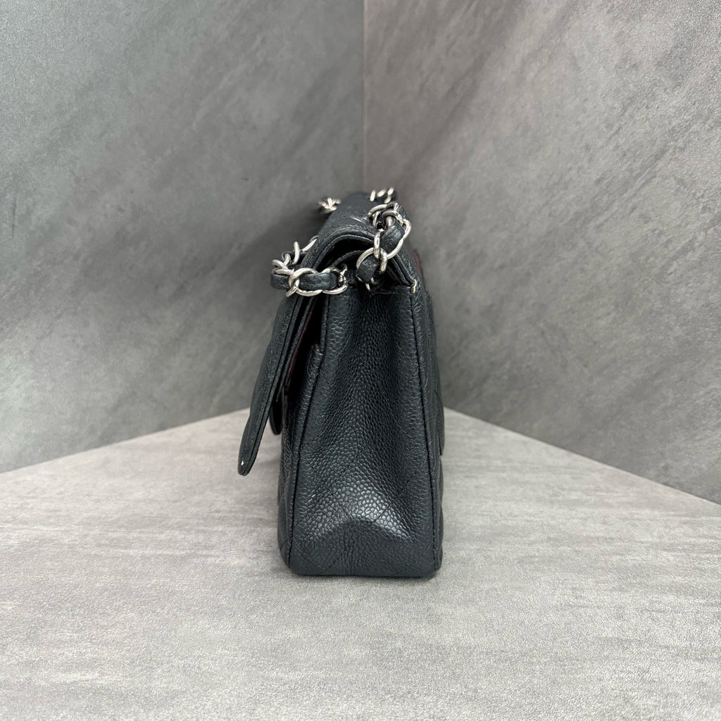 Chanel Classic Flap Caviar Leather Black Silver Hardware Chain Bag with Authenticity Card