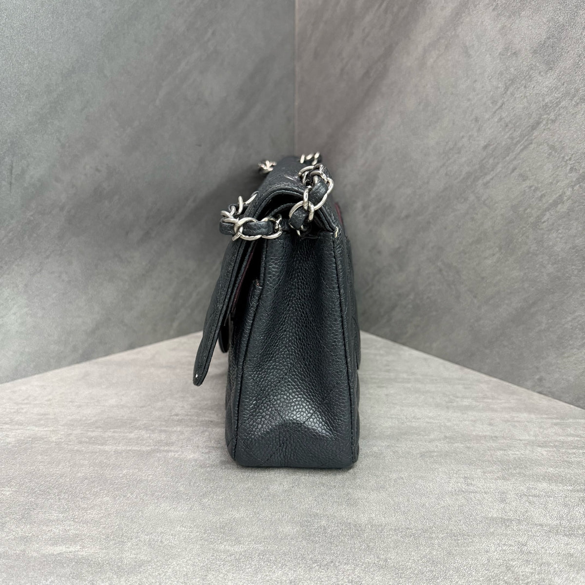 Chanel Classic Flap Caviar Leather Black Silver Hardware Chain Bag with Authenticity Card