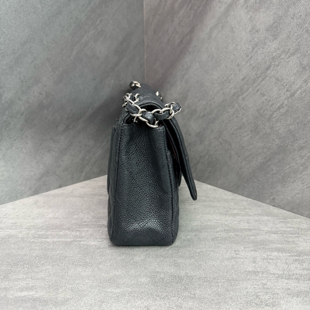 Chanel Classic Flap Caviar Leather Black Silver Hardware Chain Bag with Authenticity Card