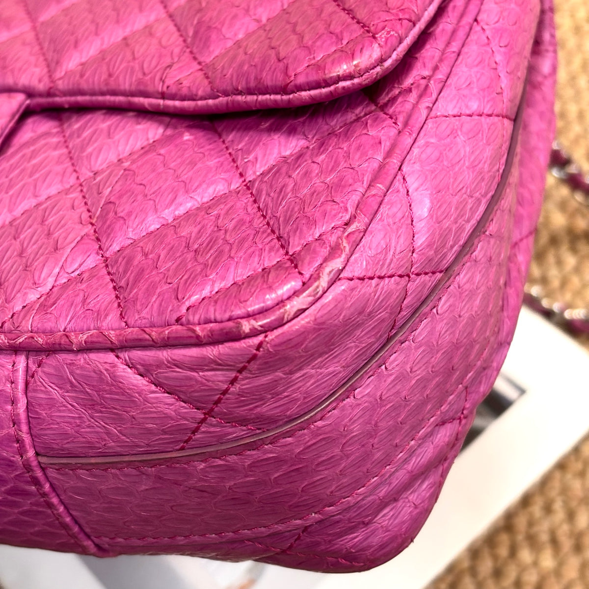 Chanel Purple Exotic Skin Classic Flap Bag with Silver Double C Hardware and Quilted Stitching