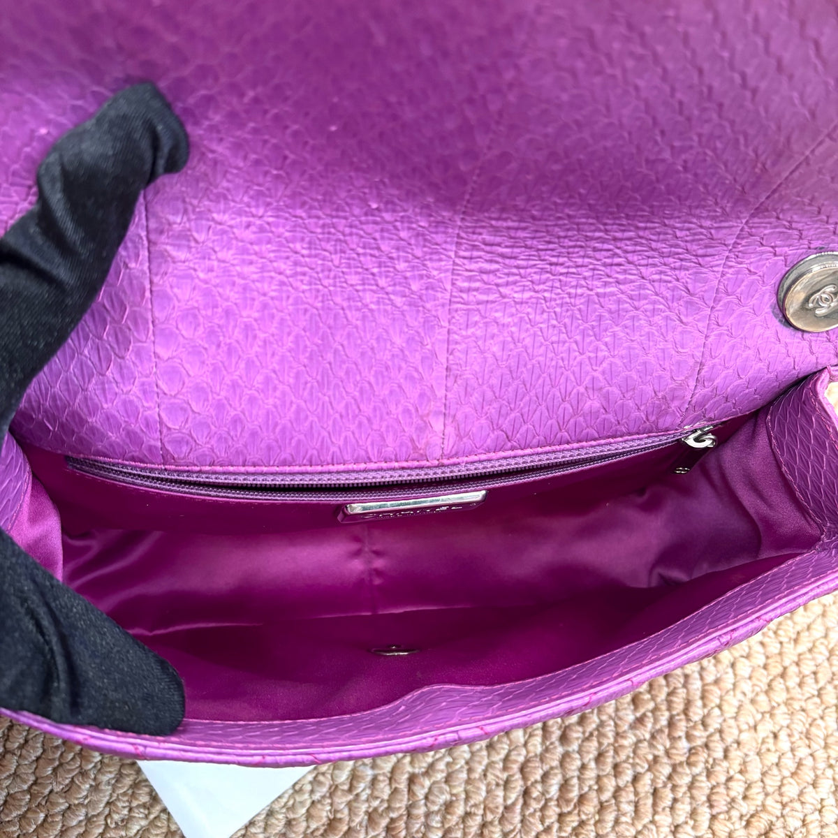 Chanel Purple Exotic Skin Classic Flap Bag with Silver Double C Hardware and Quilted Stitching