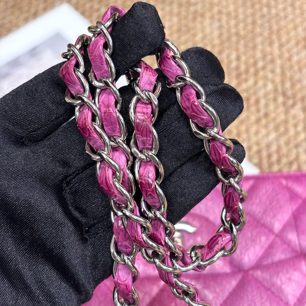 Chanel Purple Exotic Skin Classic Flap Bag with Silver Double C Hardware and Quilted Stitching