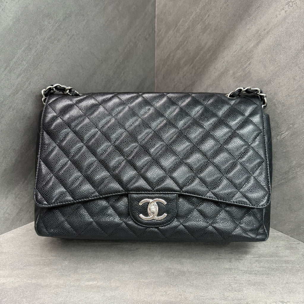 Chanel CF Maxi Black Silver Caviar Leather Chain Bag