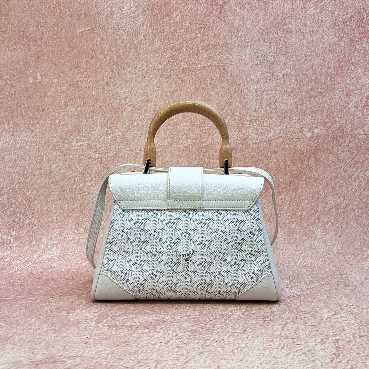 Goyard Saigon Mini White Wooden Handle Classic Embossed Monogram Cowhide Trim Orange Interior
