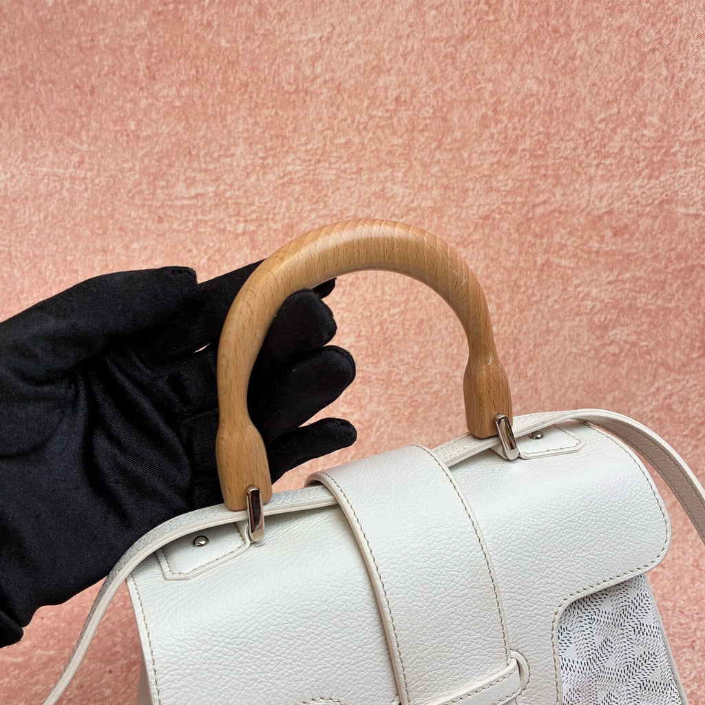 Goyard Saigon Mini White Wooden Handle Classic Embossed Monogram Cowhide Trim Orange Interior