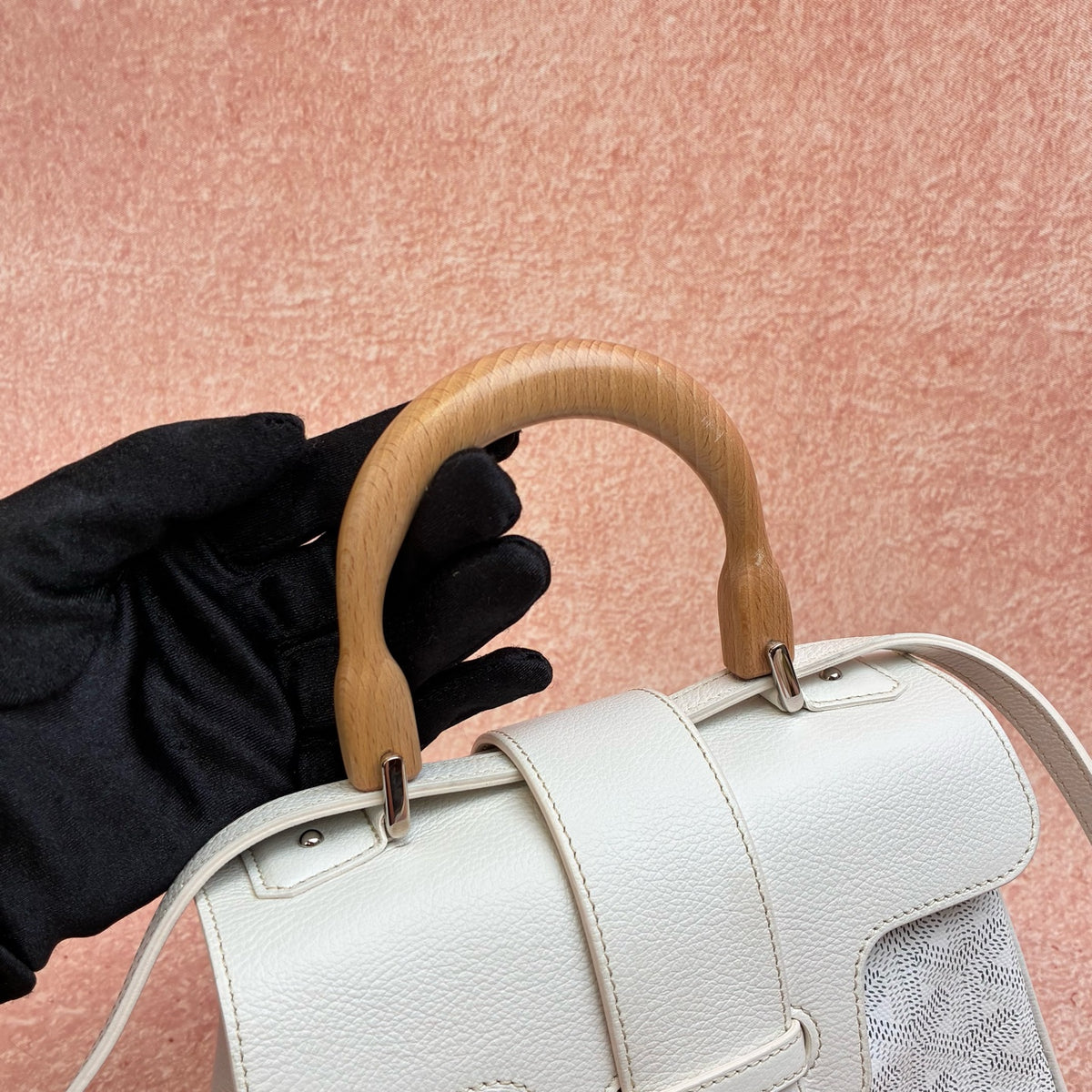 Goyard Saigon Mini White Wooden Handle Classic Embossed Monogram Cowhide Trim Orange Interior
