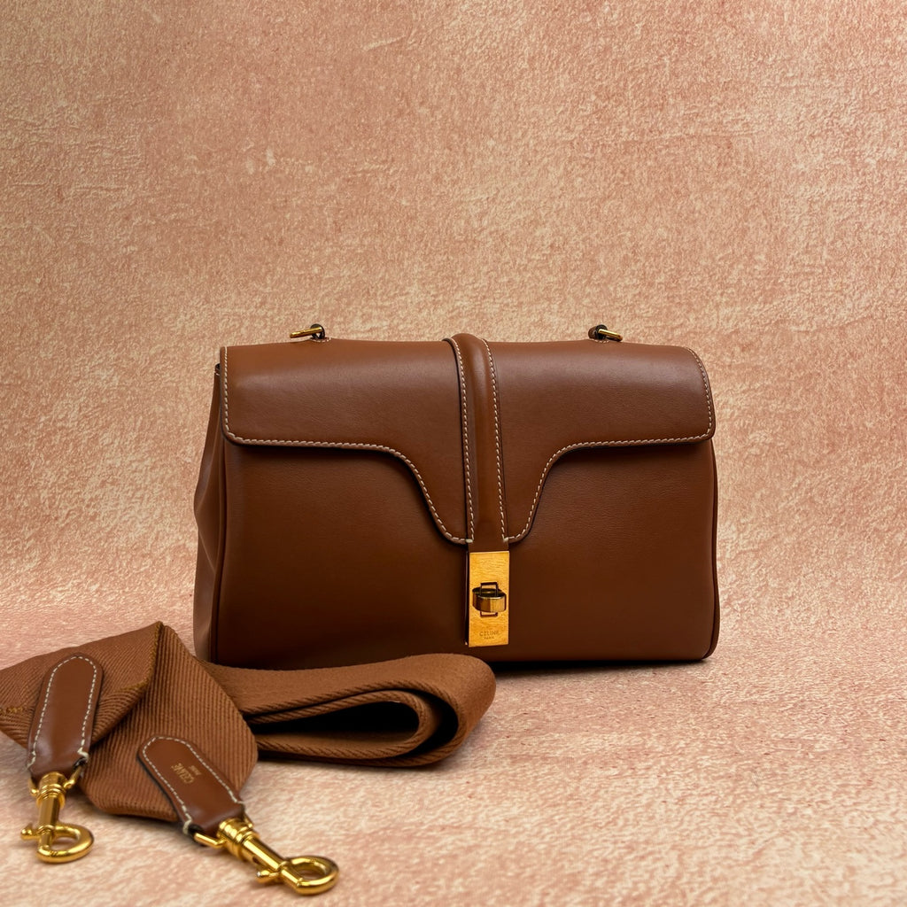 Celine Teen Soft 16 in Classic Caramel Smooth Calfskin with Gold Hardware and Removable Wide Shoulder Strap, 2021