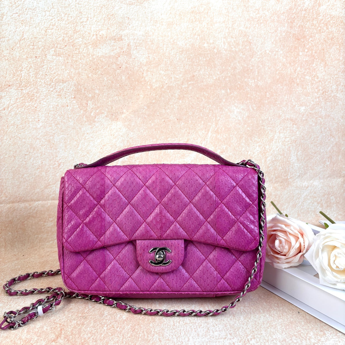 Chanel Purple Exotic Skin Classic Flap Bag with Silver Double C Hardware and Quilted Stitching