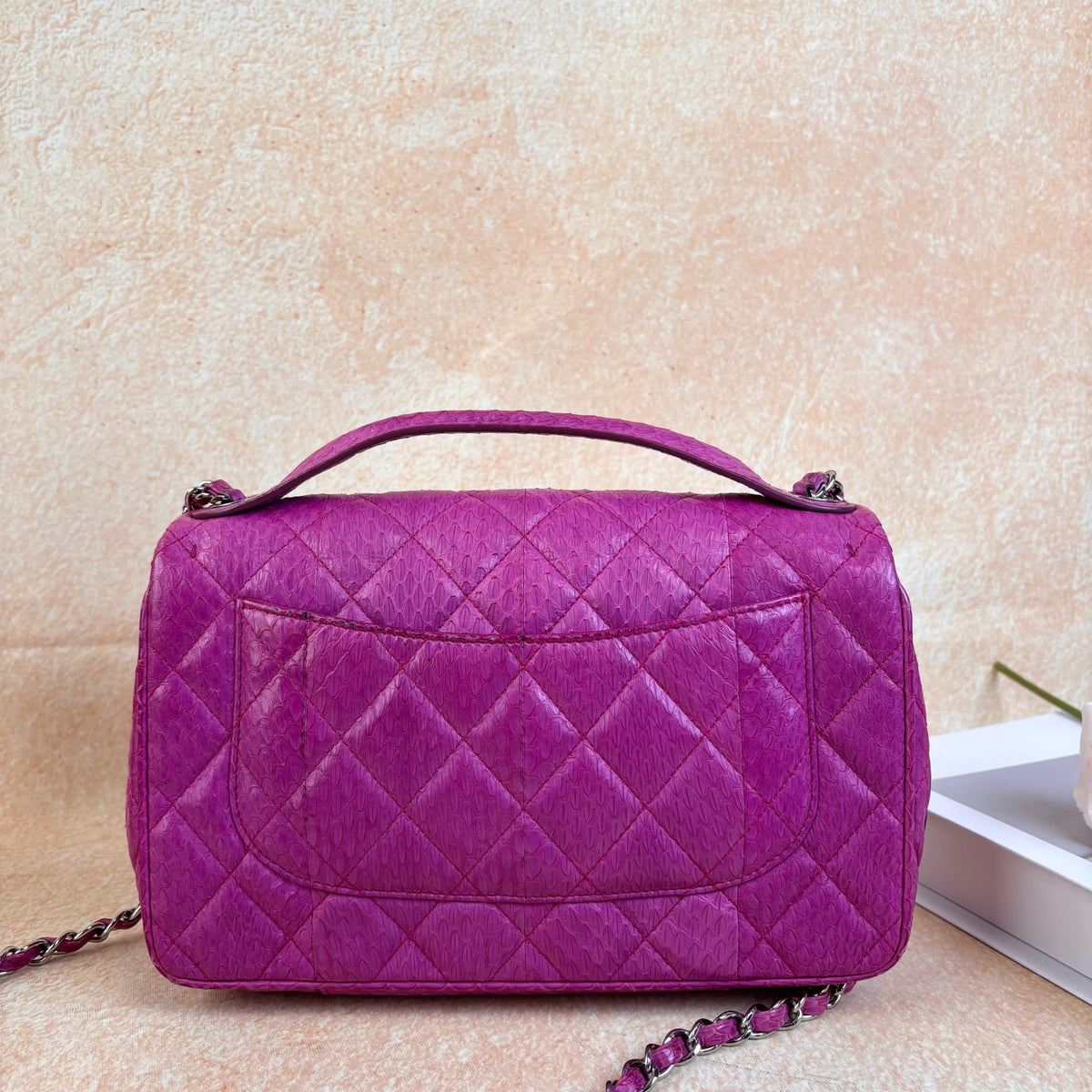 Chanel Purple Exotic Skin Classic Flap Bag with Silver Double C Hardware and Quilted Stitching
