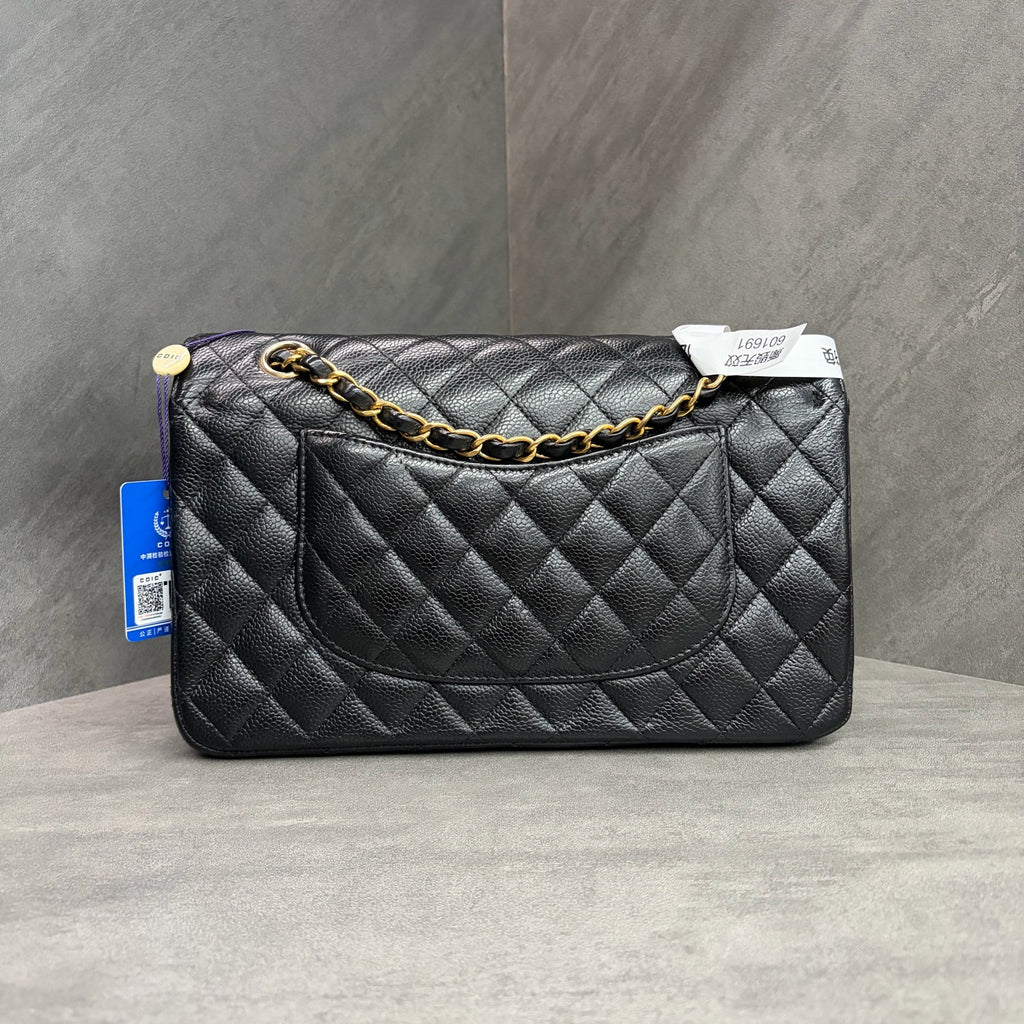 Chanel CF black gold lychee leather medium 26 open without card. The shape is three-dimensional and the interior is clean. Available in stock.
