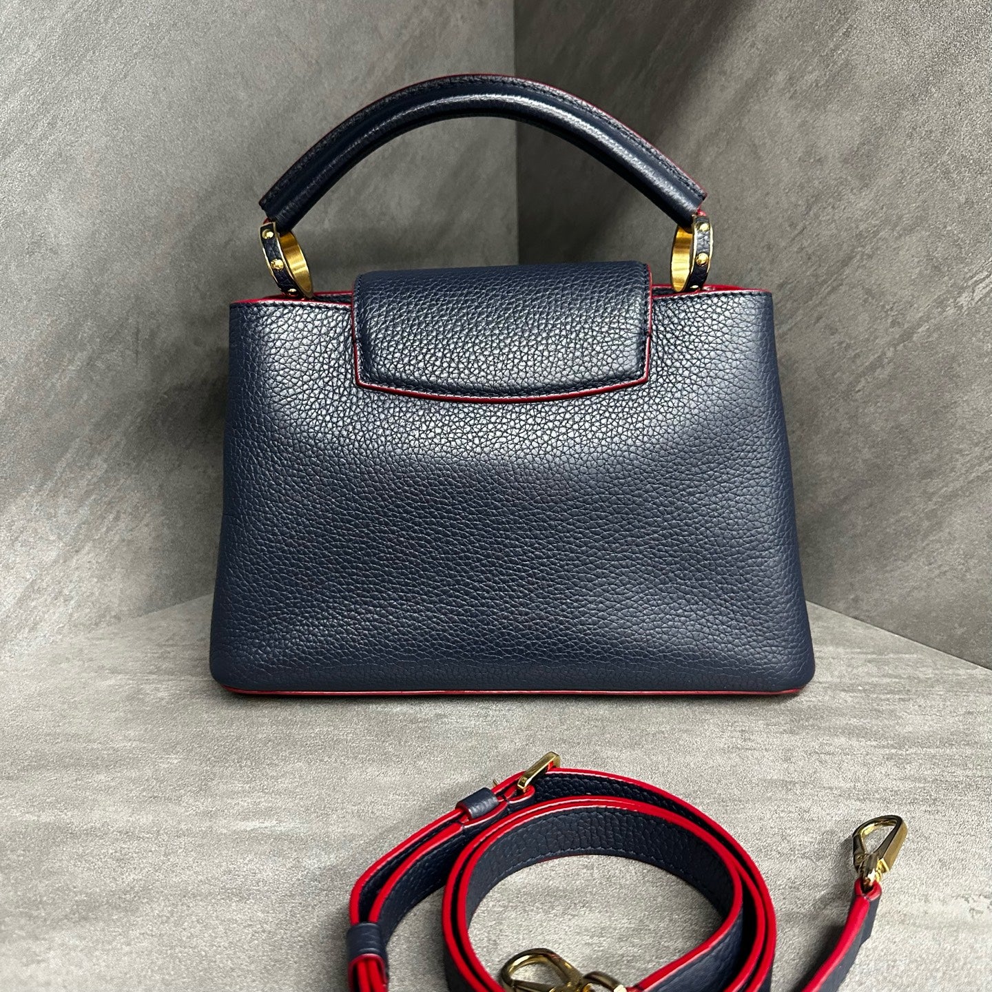 LV Dark Blue Capucines BB, Grained Calfskin, Gold Hardware, 2019 Serial Number, Adjustable Strap (Consignment)