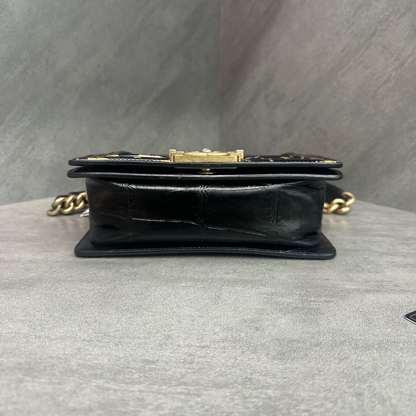 Chanel Le Boy Small Size Egypt Limited Edition Black Gold Crocodile-Embossed Logo Graffiti Crossbody Bag, 28 Serial Number with Authenticity Card