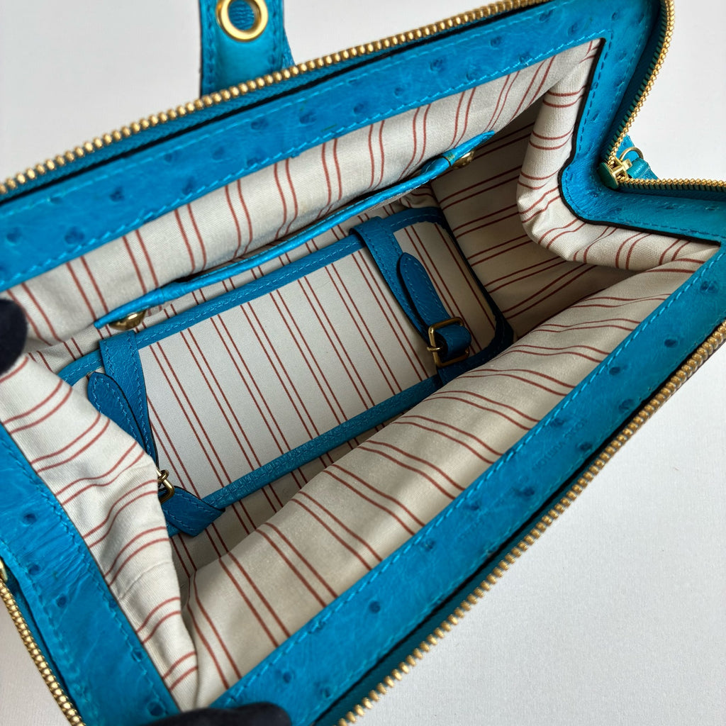 LV Blue Ostrich Leather and Canvas Lock Handbag Show Model, Blue Ostrich with Beige Canvas, 23*19.