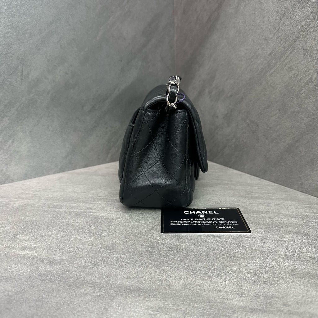 Chanel CF Square Flap Bag Black and Silver Lambskin Chain Bag 28 with Card. The bag has a structured shape and a clean interior.