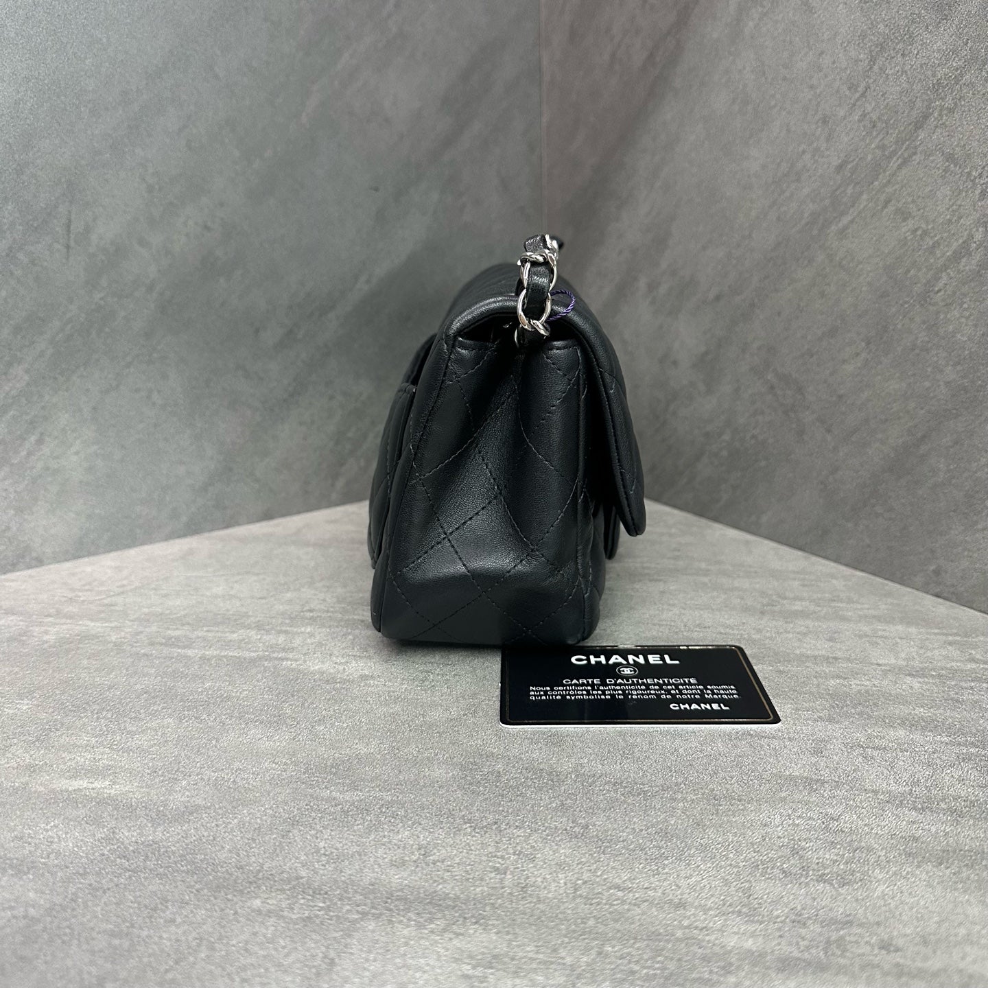 Chanel CF Square Flap Bag Black and Silver Lambskin Chain Bag 28 with Card. The bag has a structured shape and a clean interior.