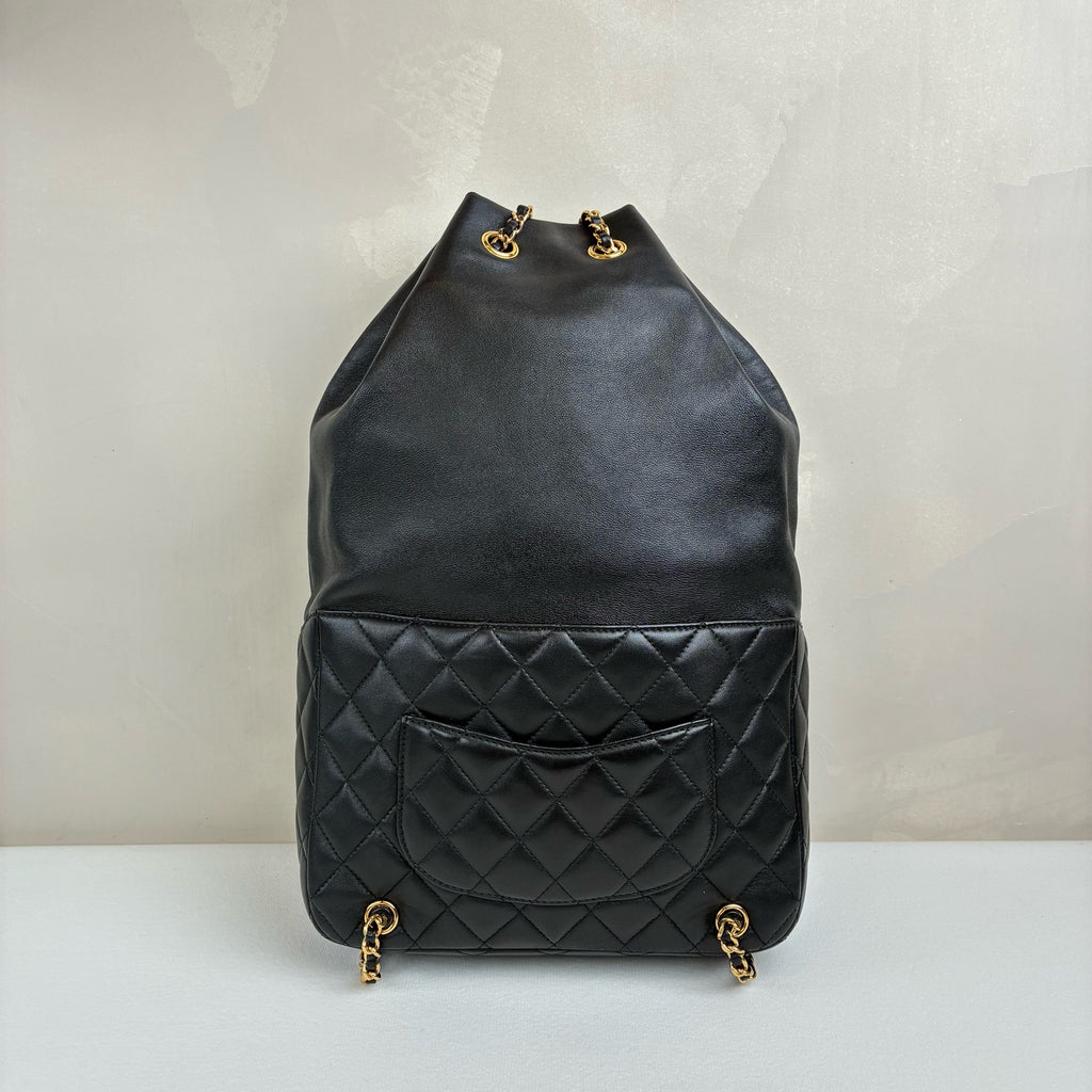 Chanel 23 Opening Black Gold Drawstring Backpack Lambskin Jennie's Style Size 22*35.5