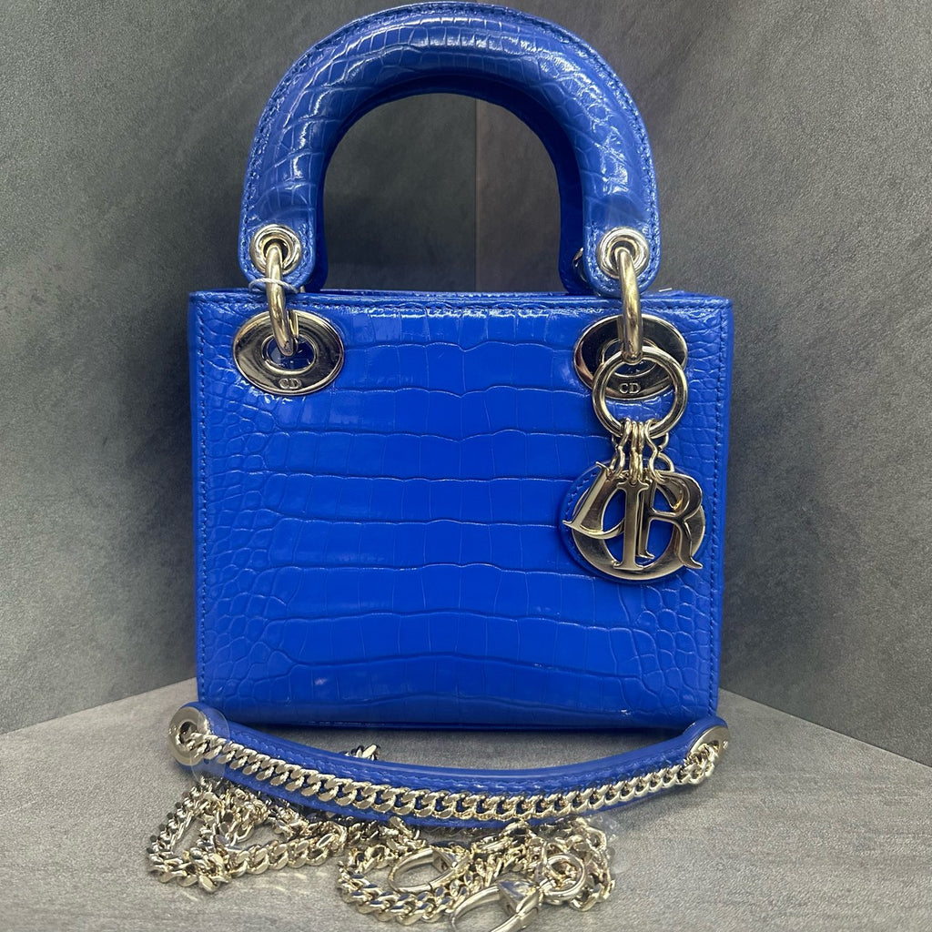 Dior Lady Dior crocodile 3-grid blue silver clasp 2021 99% new
