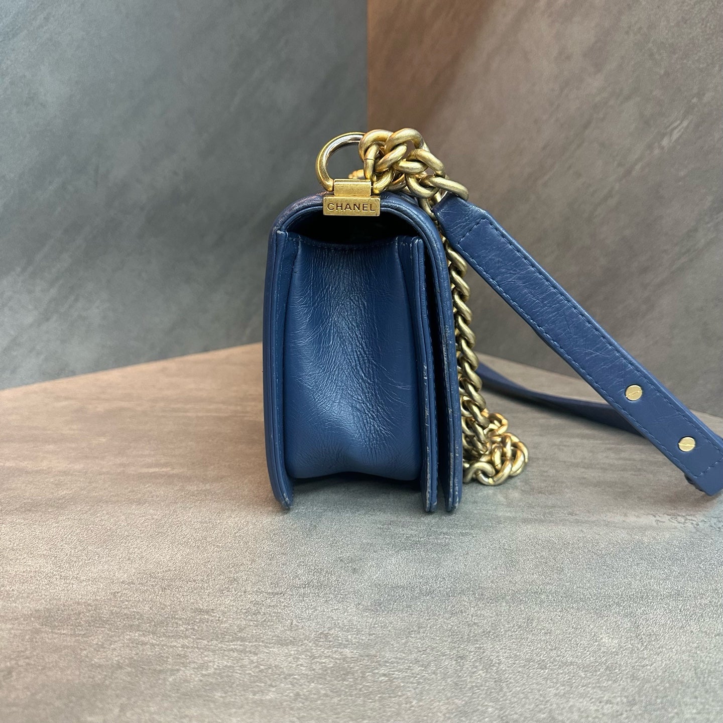 Chanel Medium Le Boy, haze blue with gold-tone hardware, oil-wax crinkled cowhide, limited edition discontinued design with vintage-style piping, 23-series production code