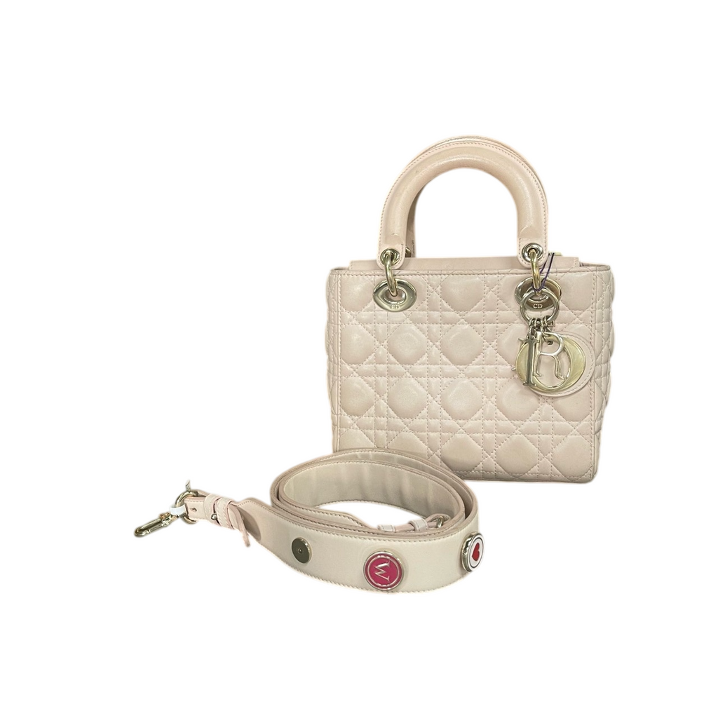 Dior Lady Dior Four Squares Pink with Gold Buckle Logo Shoulder Strap, Code 17. Please take a closer look.