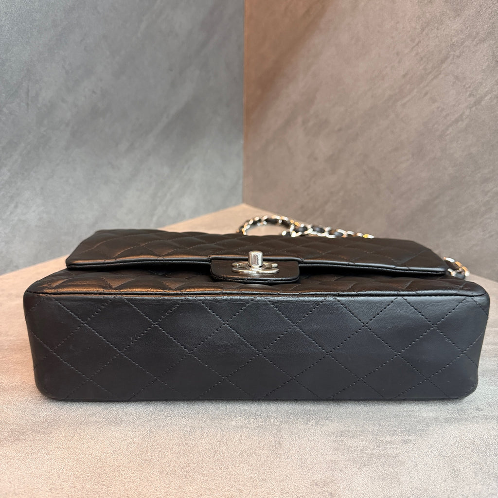 Chanel Classic Flap medium black silver lambskin bag, structured silhouette, clean interior, 15-series stamp with authenticity card