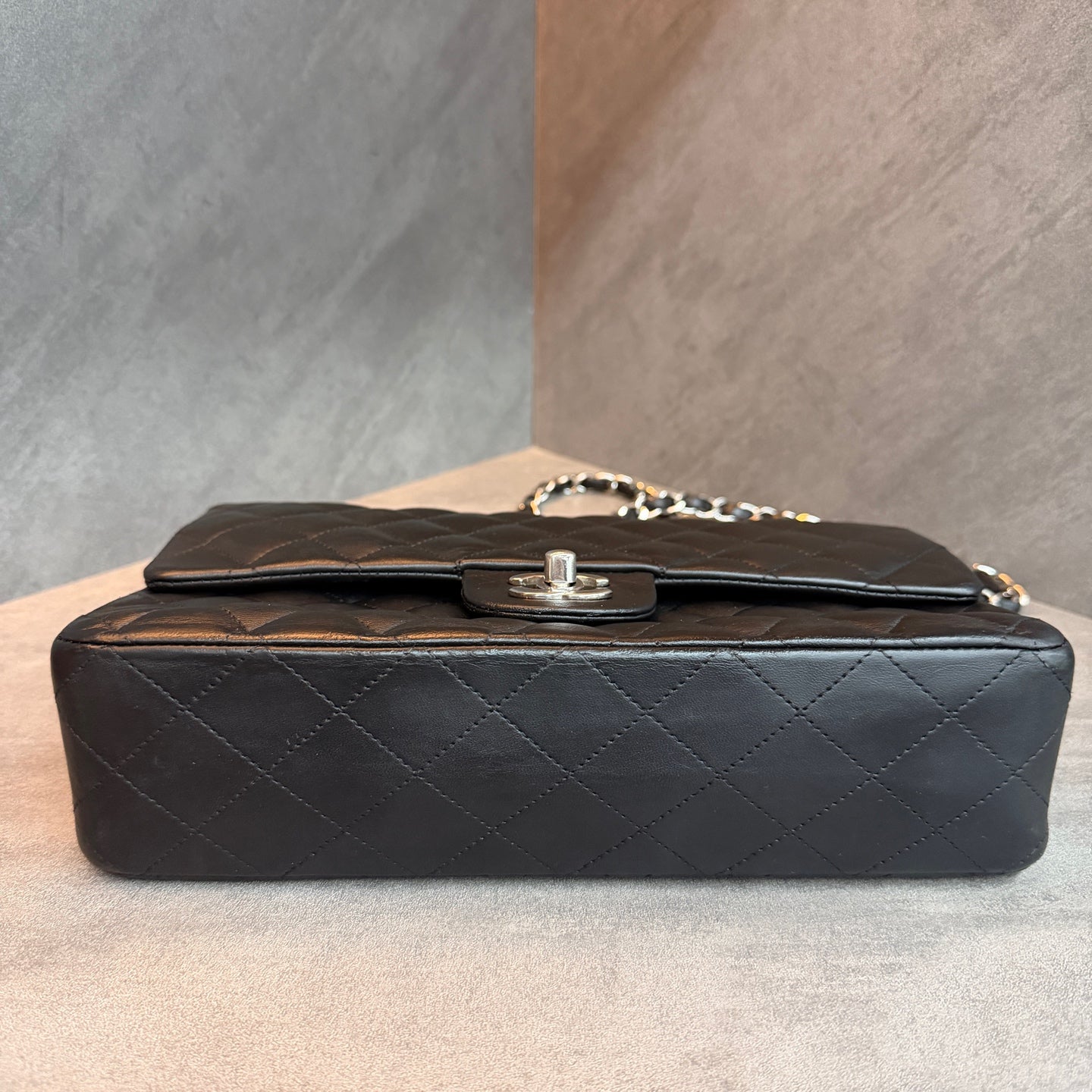 Chanel Classic Flap medium black silver lambskin bag, structured silhouette, clean interior, 15-series stamp with authenticity card