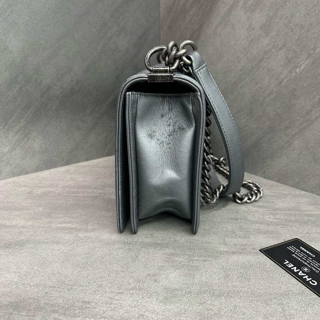 Chanel Leboy Medium-Large, Silver-Grey Smooth Calfskin, Silver Hardware, 20 Series with Authenticity Card