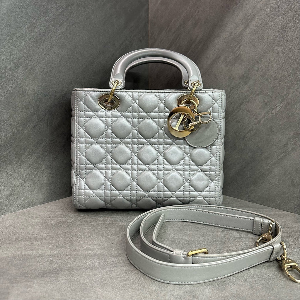 Dior Gray Lady Dior Bag with Adjustable Shoulder Strap, Structured Shape, Clean Interior.