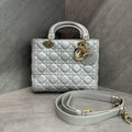 Dior Gray Lady Dior Bag with Adjustable Shoulder Strap, Structured Shape, Clean Interior.