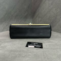 Chanel full leather V-patterned gold buckle handle black chain bag, 24 opening with card