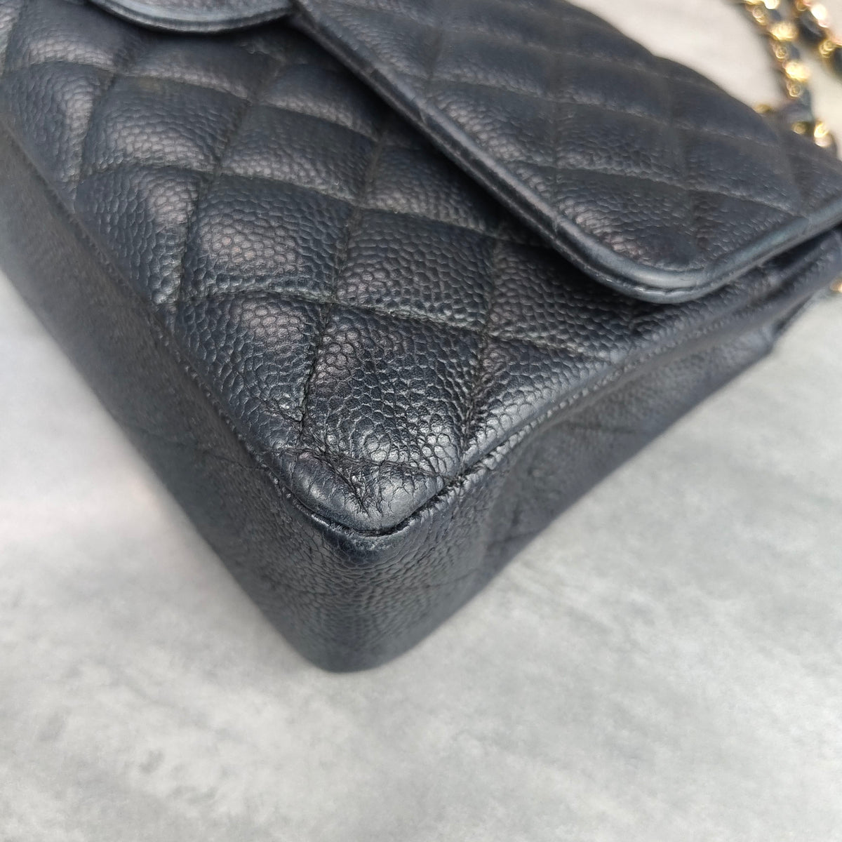 Chanel CF Medium Black and Gold Litchi Leather Chain Bag 23 Opening No Card, Structured Shape