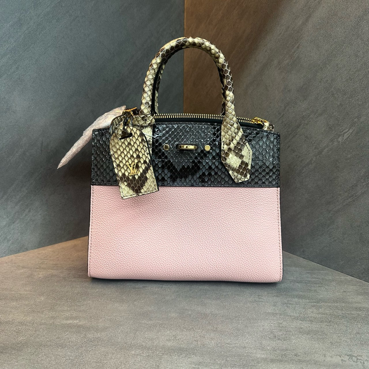 LV Louis Vuitton Pink Calfskin with Snake Skin City Steamer Small Size, Accessories: Shoulder Strap, Key and Lock, In Stock at Great Price