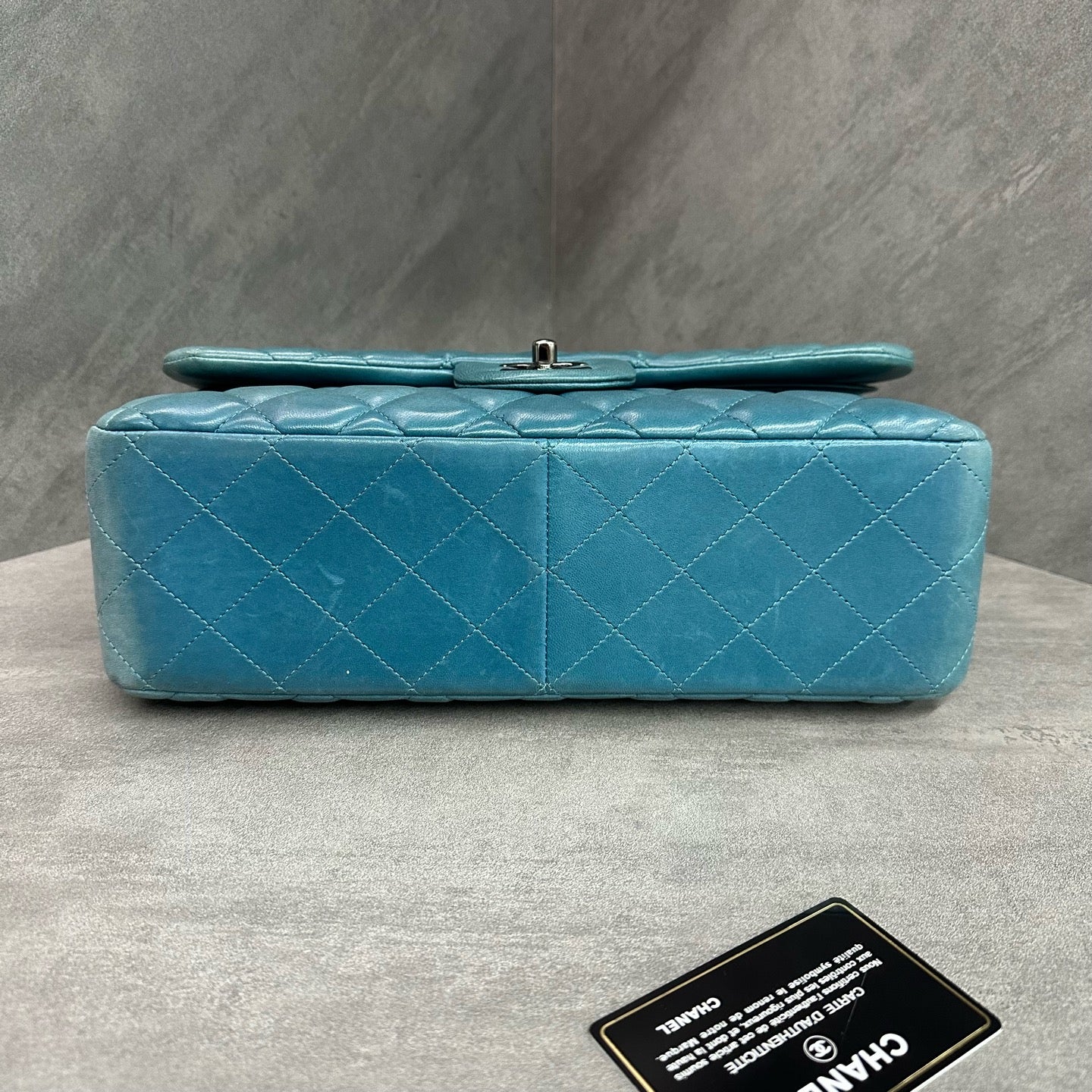 Chanel CF Jumbo Lake Blue Lambskin Chain Bag with Silver Hardware - 15 Opening with Card - Three-Dimensional Shape - Clean Interior