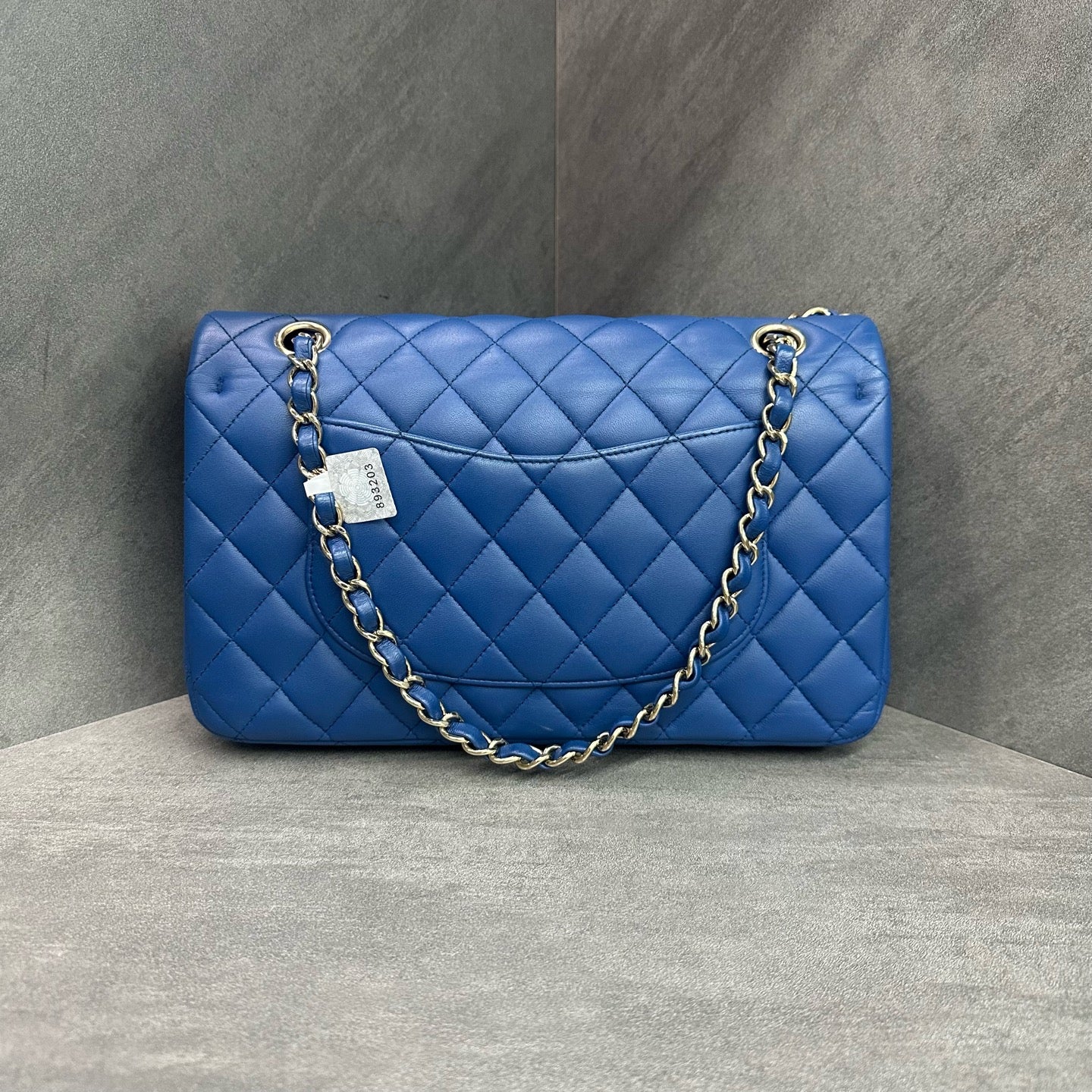 Chanel CF Medium Blue Gold Lambskin Chain Bag 25 Opening, Structured Shape, Clean Interior