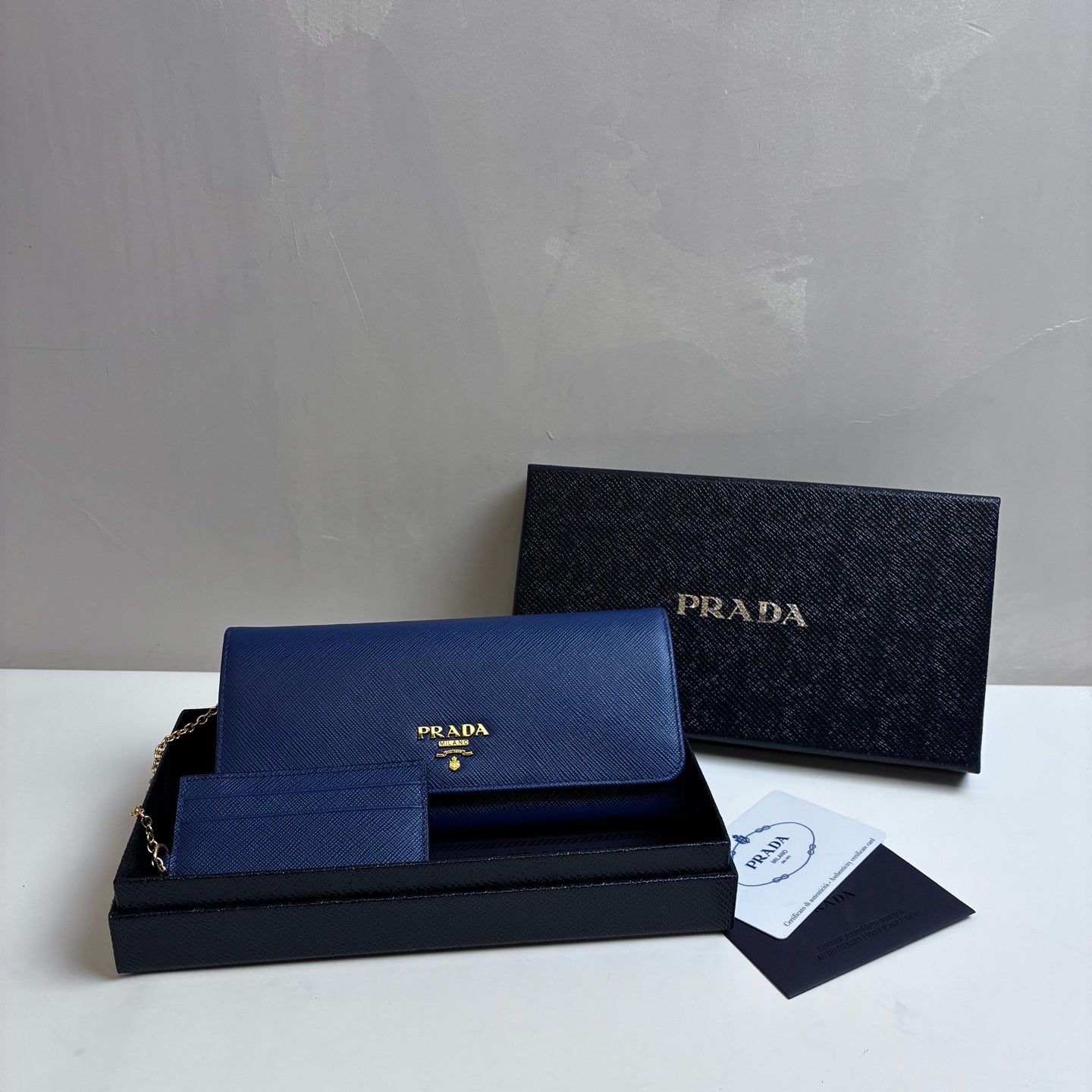 Prada Deep Blue Cross Grain Leather Flap Long Wallet 99% New Size: 18.5×9