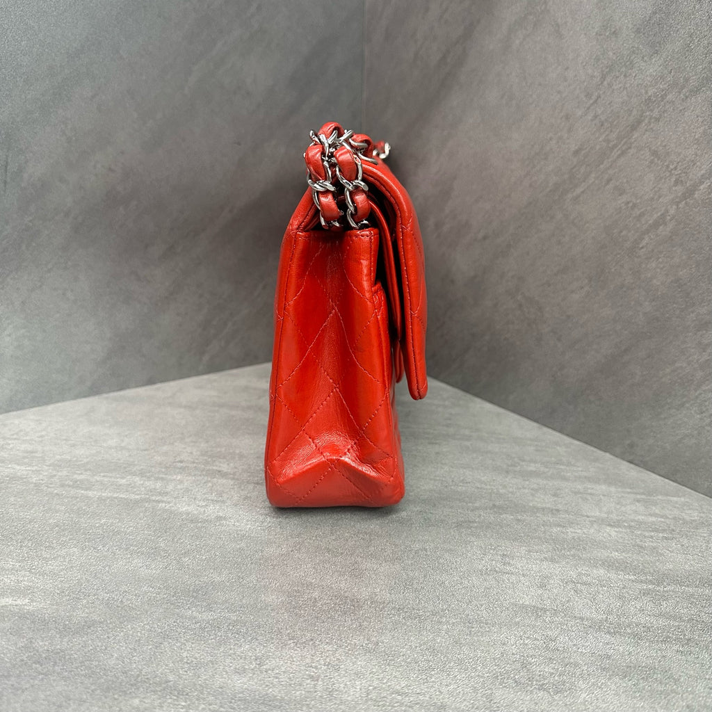Chanel CF Medium Red Silver Lambskin Chain Bag, 15 Opening, Interior Clean.