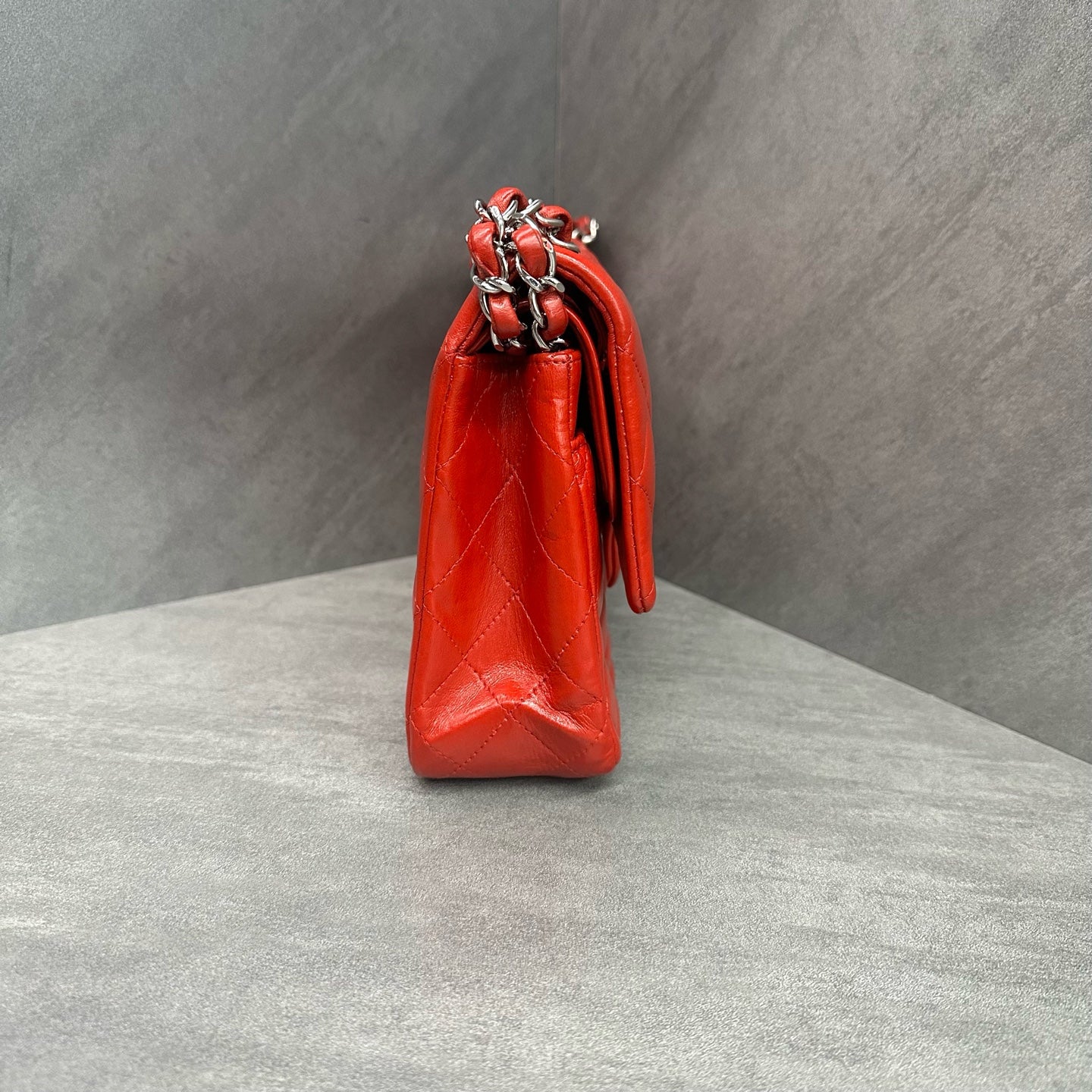 Chanel CF Medium Red Silver Lambskin Chain Bag, 15 Opening, Interior Clean.