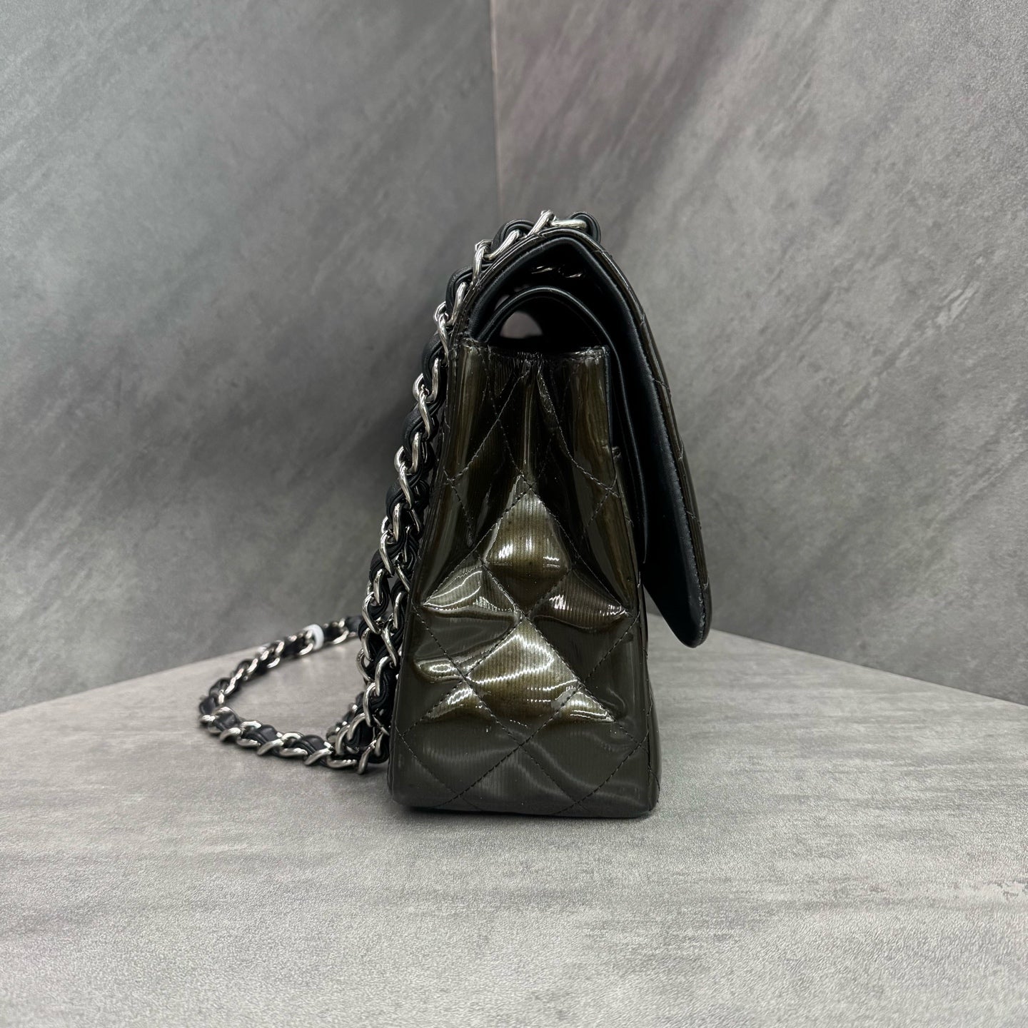 Chanel CF Patent Leather Double Flap Dark Green Jumbo 16 Series, In Stock at Great Price