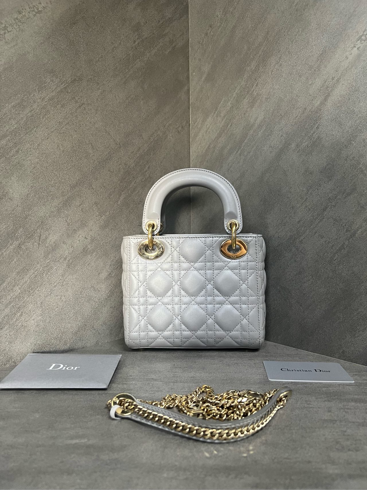 Dior Lady Dior Mini 3-grid Sheepskin Gray, 18 serial code, with authenticity card, chain shoulder strap