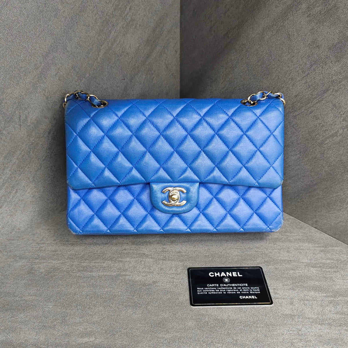 Chanel Medium Blue Gold Lambskin Chain Bag 21 Opening with Card