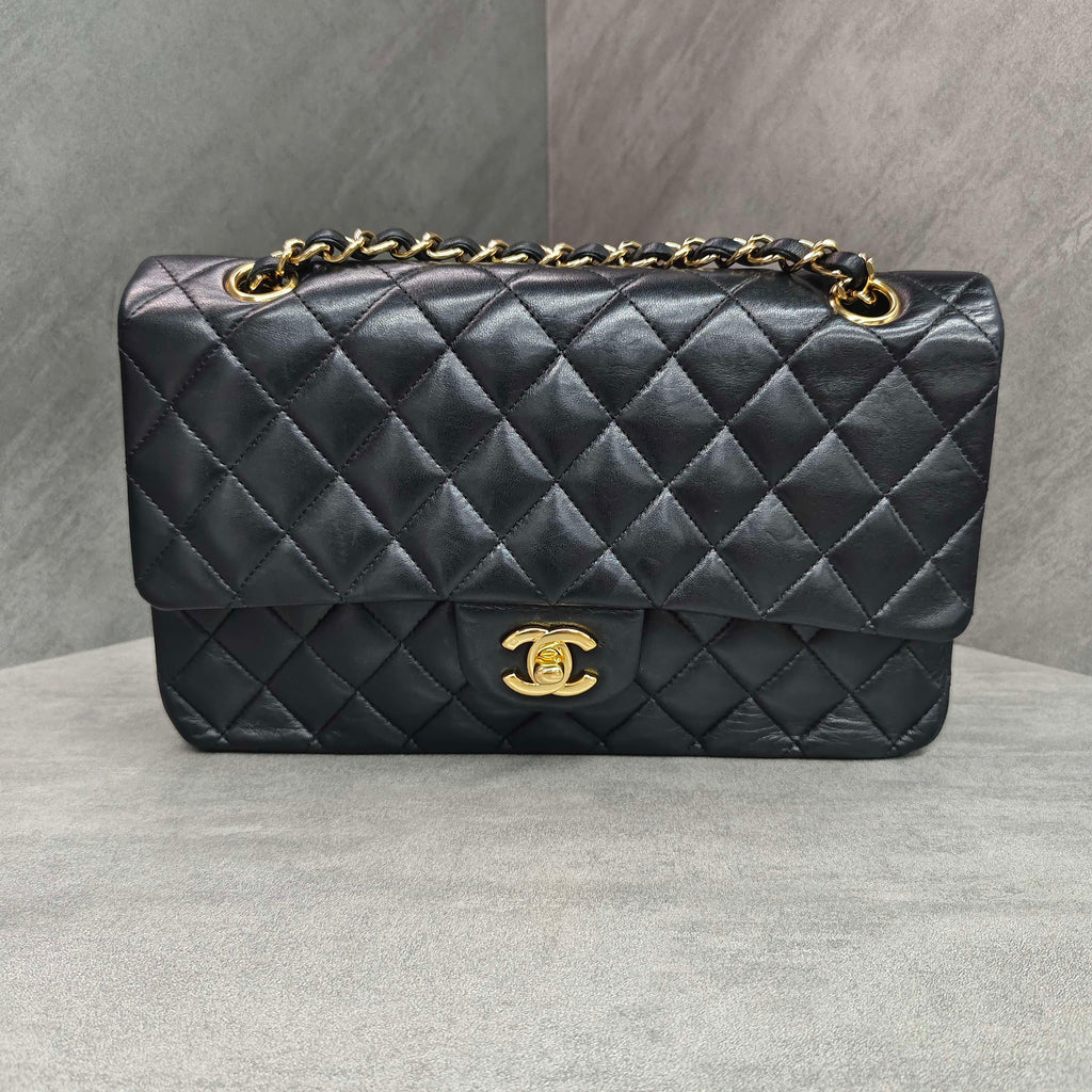 Chanel CF Medium Black Gold Lambskin Chain Bag 12 Opening No Card Structured Shape Clean Interior