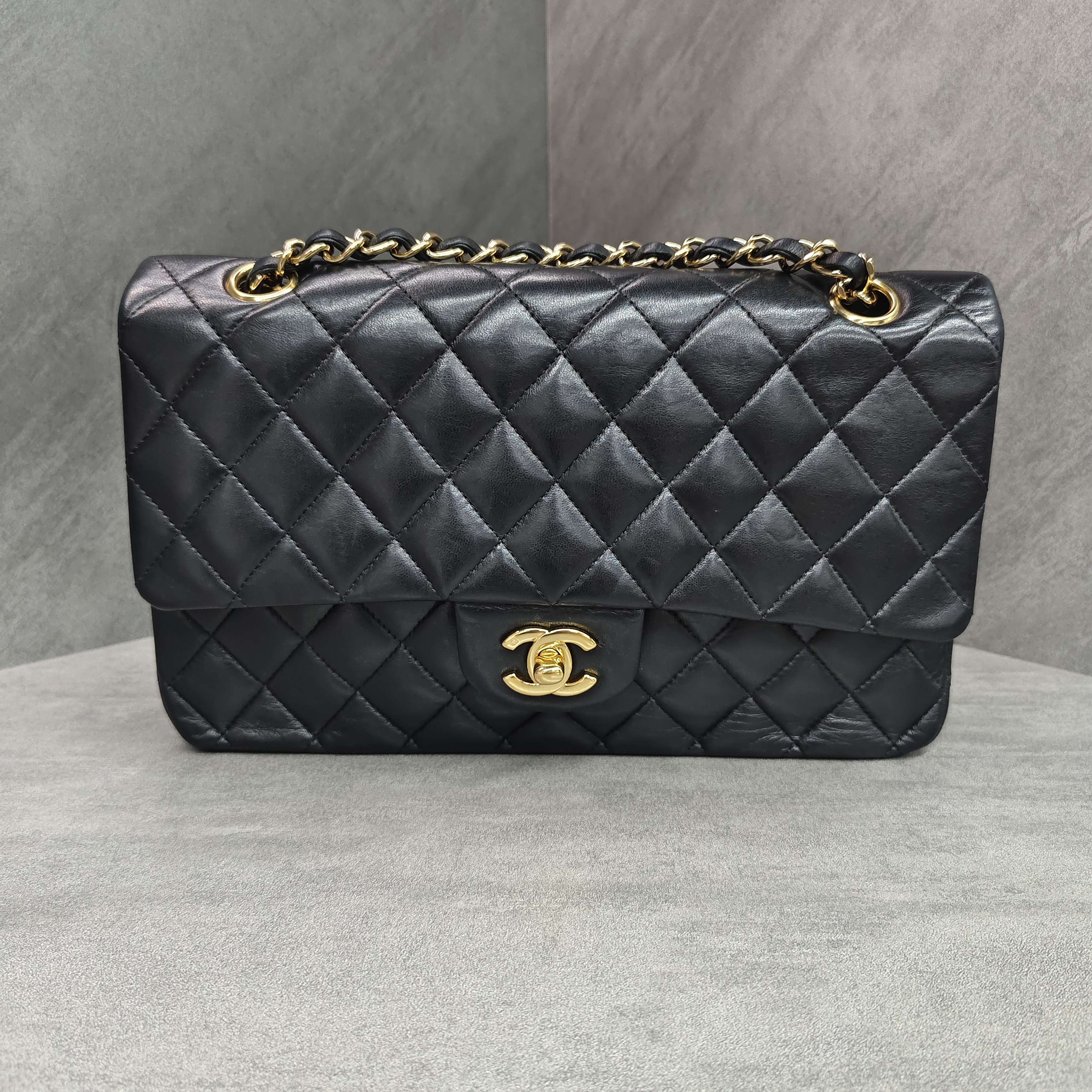 Chanel CF Medium Black Gold Lambskin Chain Bag 12 Opening No Card Structured Shape Clean Interior