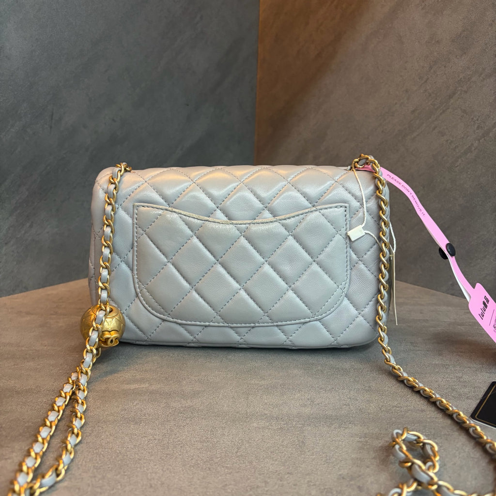 Chanel CF Mini, gray lambskin with gold ball hardware, 29 series with authenticity card, structured shape, clean interior, in stock