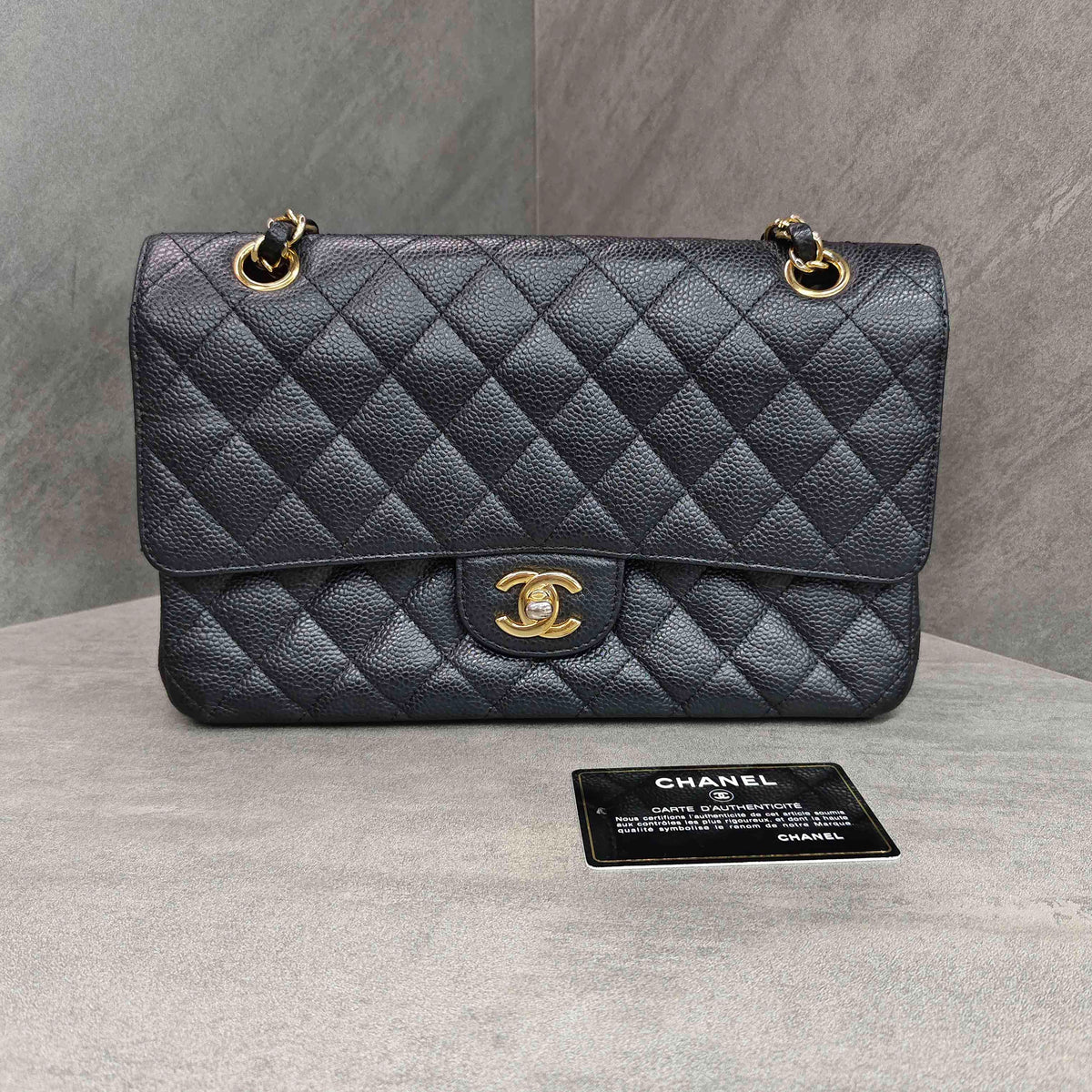 Chanel Medium Black and Gold Litchi Leather Chain Bag CF 17 Series with Card Original Condition