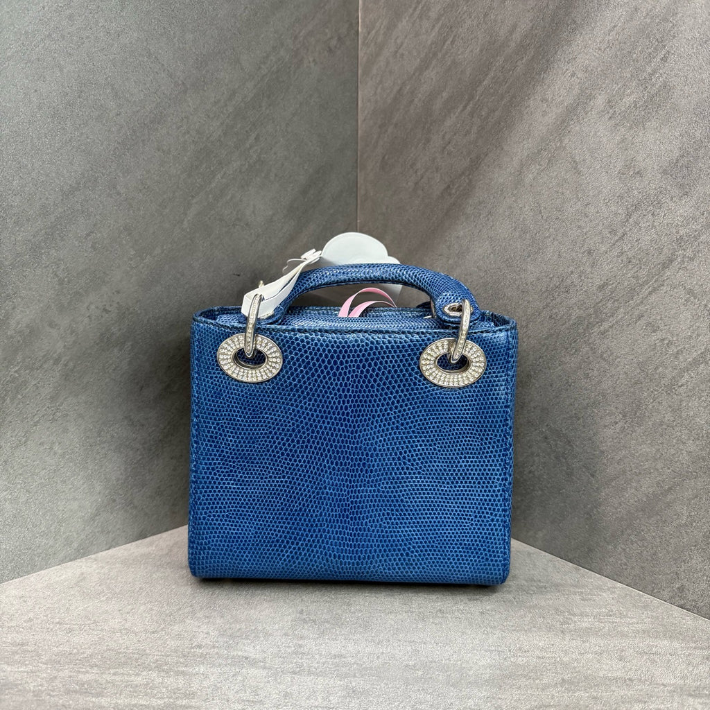 Dior Lady Dior Small (Three-Grid) Blue Diamond-Clasp Lizard Skin Handbag, with structured silhouette, clean interior, 15-series serial code, adjustable shoulder strap