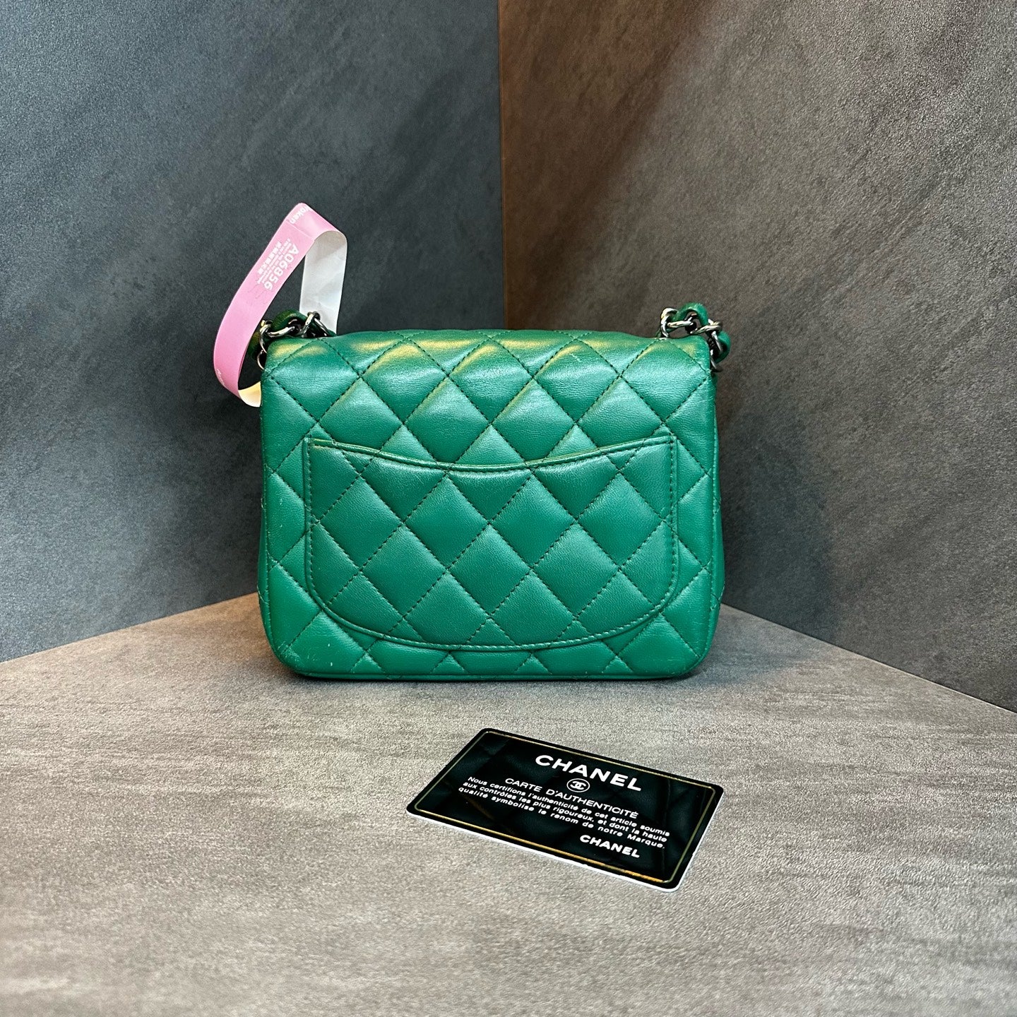 Chanel CF Square Flap Bag, green with silver-tone hardware, chain strap, 2022 production code, with authenticity card, structured shape, clean interior