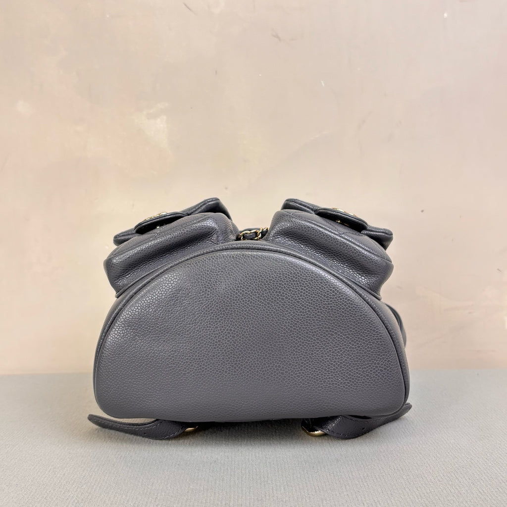 Chanel Duma Frog Bag Small Backpack in Grey and Gold Litchi Leather, 99% New, Size 18*17.